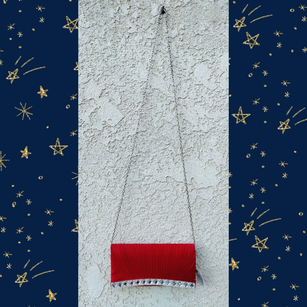 Satin Pleated Clutch w/Rhinestone Edge On A Chain